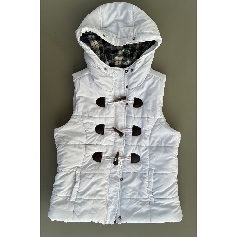 Love Tree White Quilted Puffer Vest Plaid Lined Toggle Hooded Womens Large